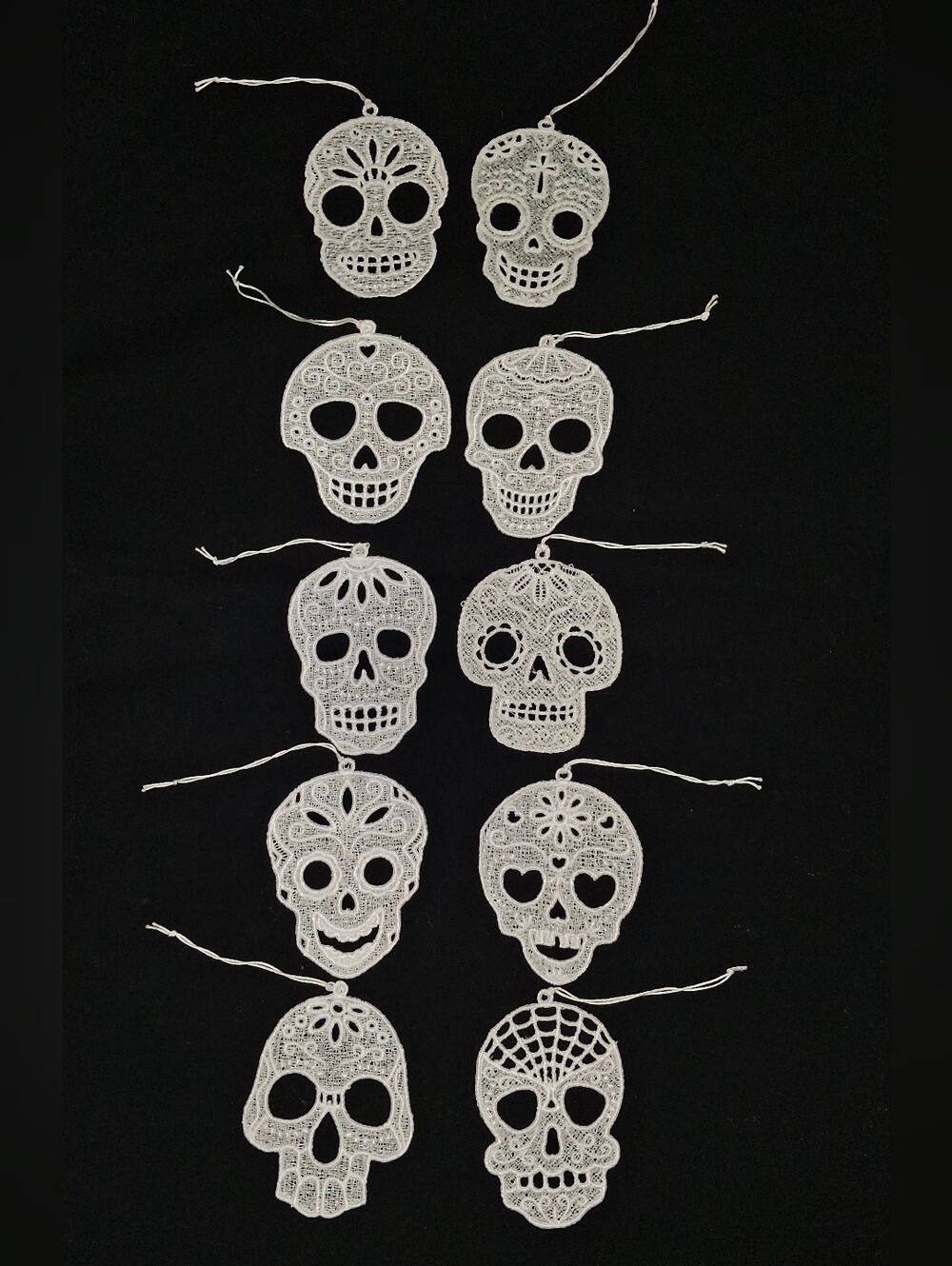 Handmade Free Standing Lace White Skull Ornaments Set of 10 Gothic Halloween
